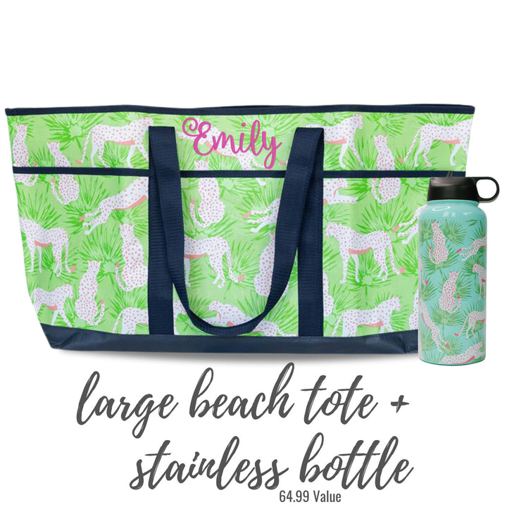 Extra Large Stainless Water Bottle 32 oz + Beach Tote Gift Set - 2 Colors