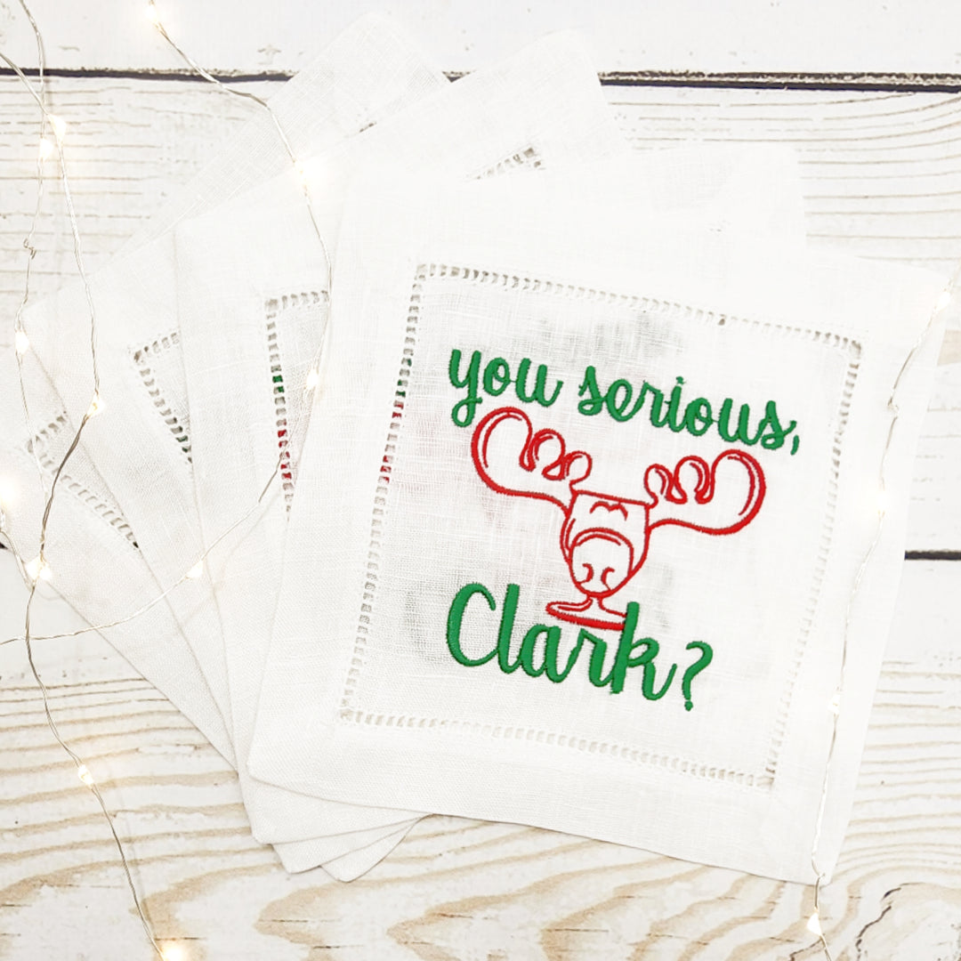 Linen Cocktail Napkins - Set of Four (4) - White - Christmas Vacation Moose Mug Cousin Eddie Quote