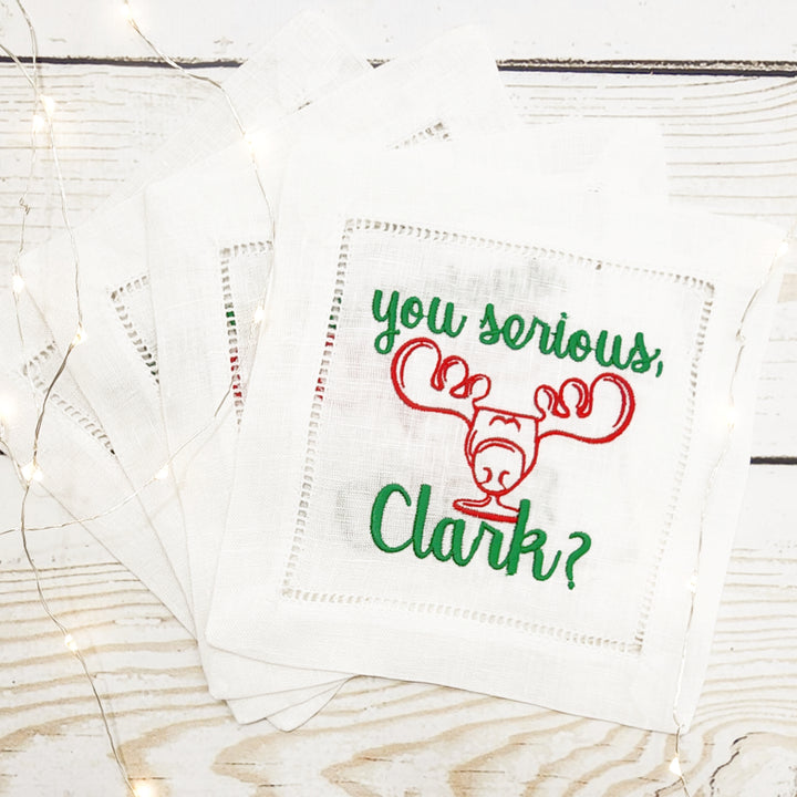 Linen Cocktail Napkins - Set of Four (4) - White - Christmas Vacation Moose Mug Cousin Eddie Quote
