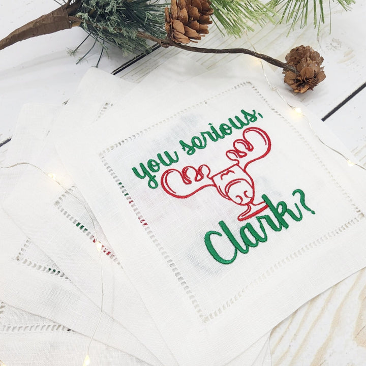 Linen Cocktail Napkins - Set of Four (4) - White - Christmas Vacation Moose Mug Cousin Eddie Quote