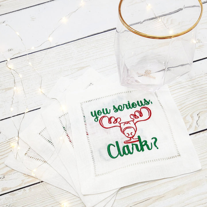 Linen Cocktail Napkins - Set of Four (4) - White - Christmas Vacation Moose Mug Cousin Eddie Quote