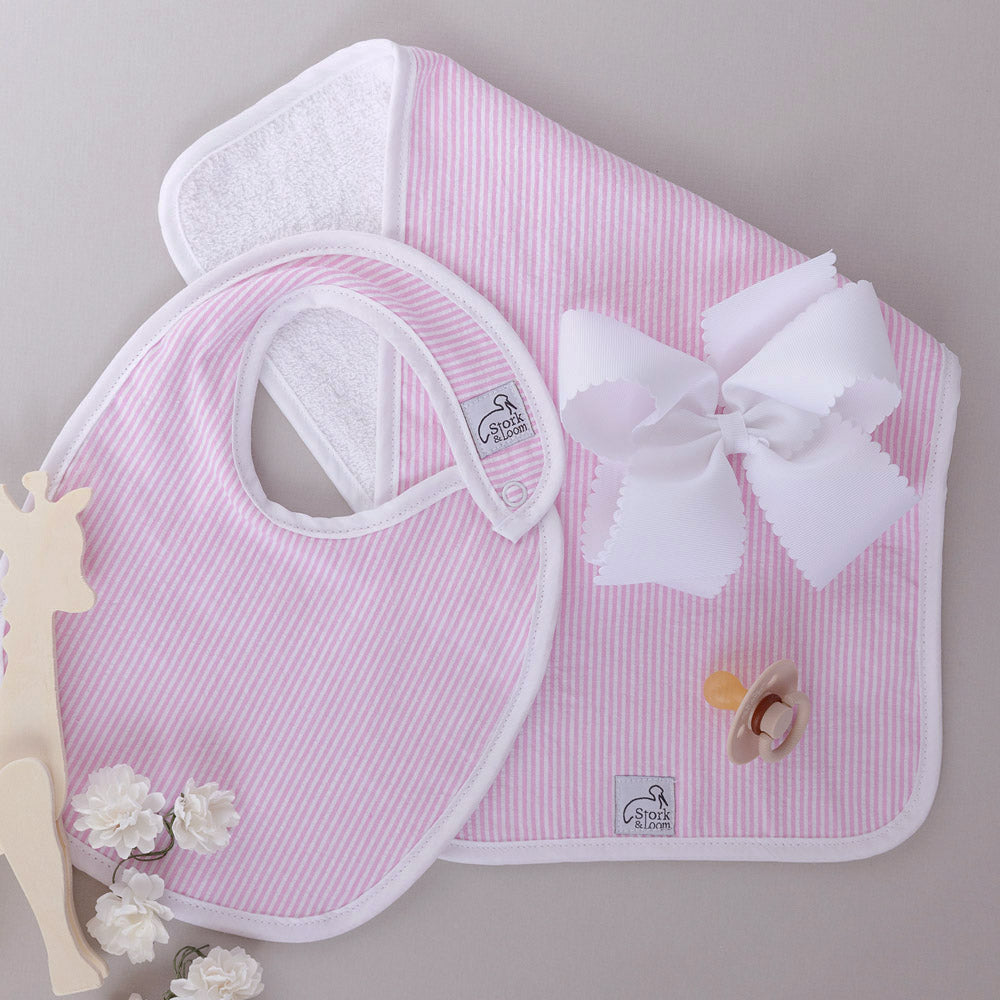 Monogrammed Seersucker Bib and Burp Cloth Set - Pink - Baby Girl Shower Gift