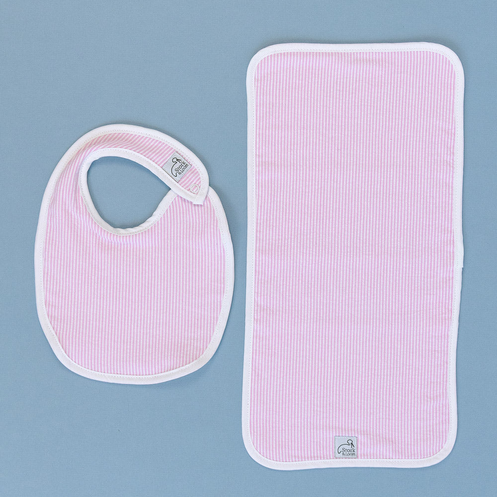 Monogrammed Seersucker Bib and Burp Cloth Set - Pink - Baby Girl Shower Gift