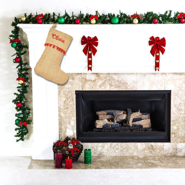 Burlap Personalized Christmas Stocking With Red Pom Poms