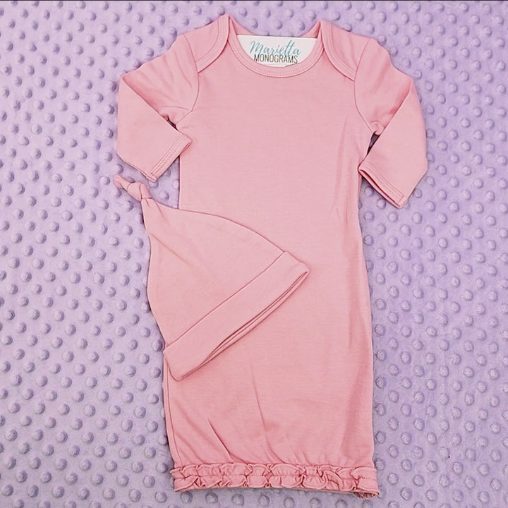 Monogrammed Knit Baby Gown with Hidden Zipper and Hat Gift Set - 7 Colors