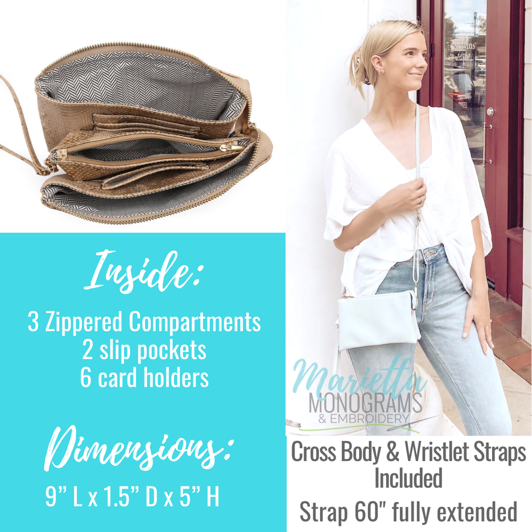 Monogrammed Vegan Leather Clutch 3 Compartment Crossbody Purse Bridesmaid Gift - 30+ Colors