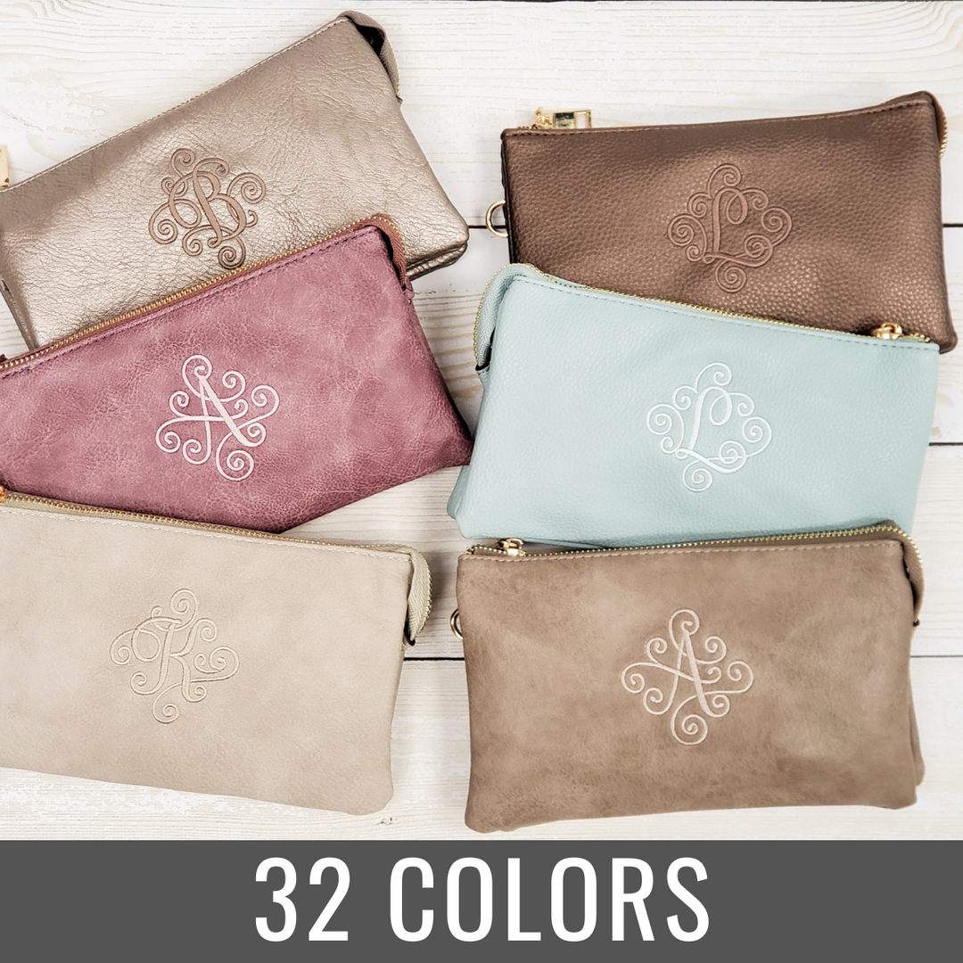Monogrammed Vegan Leather Clutch 3 Compartment Crossbody Purse Bridesmaid Gift - 30+ Colors