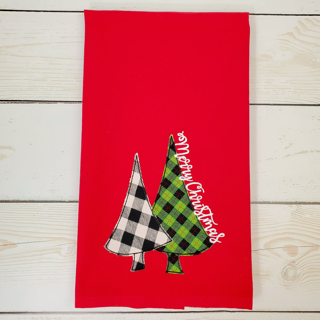 Christmas Tree Applique Kitchen Towel - Red Christmas Tea Towel - Farmhouse Decor