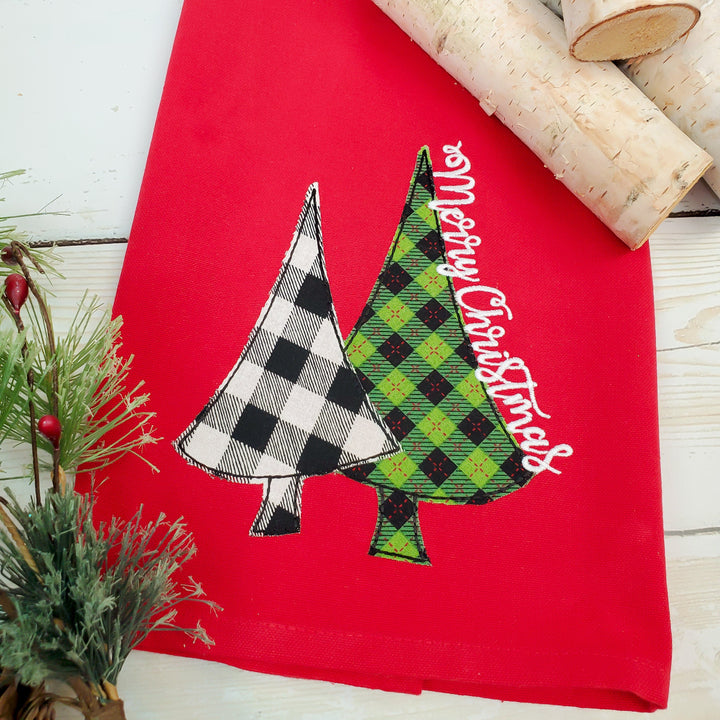 Christmas Tree Applique Kitchen Towel - Red Christmas Tea Towel - Farmhouse Decor