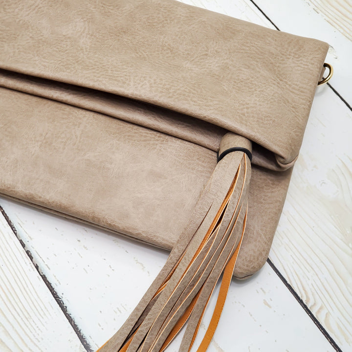 Flapover Crossbody Clutch with Tassel -  Vegan Leather - 3 Colors