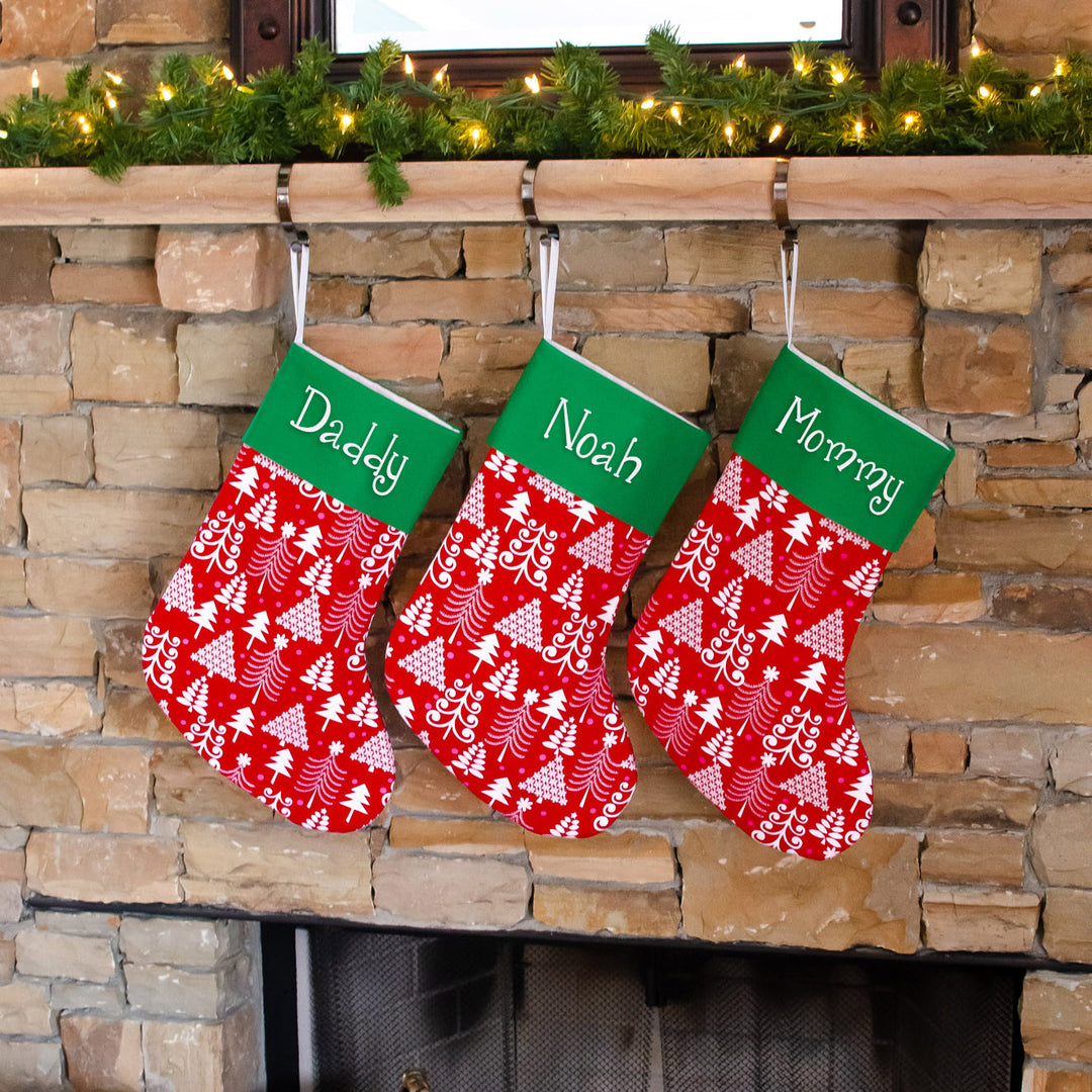 Handmade Personalized Christmas Stocking | Red Christmas Trees | Green Cuff