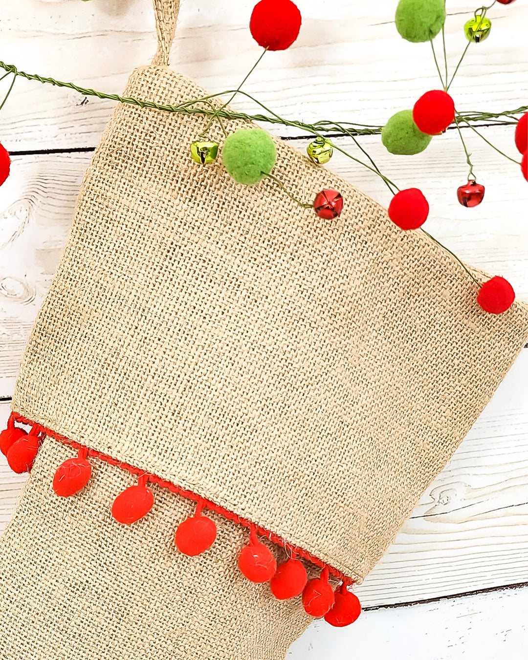 Burlap Personalized Christmas Stocking With Red Pom Poms