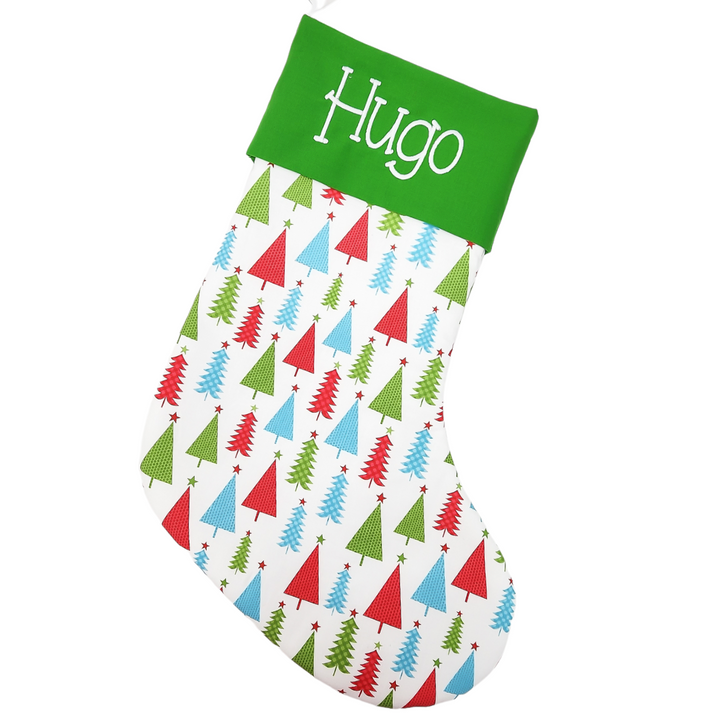 Handmade Large Holiday Stocking | Red and Green Christmas Trees Stocking | Personalized Stocking Option Available