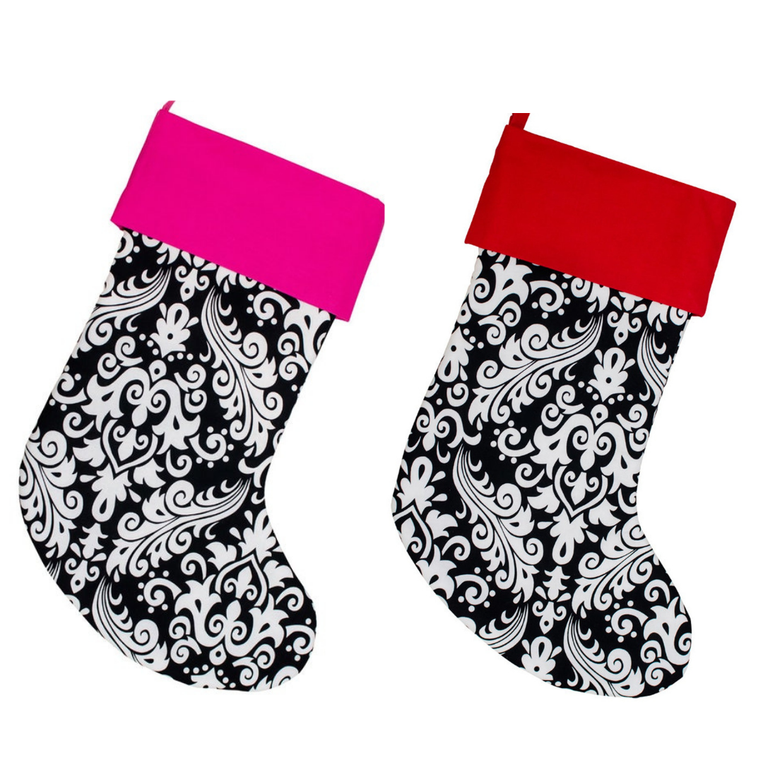 Handmade Large Christmas Stocking -- Black and Pink Damask -- Embroidered Stocking Option Available