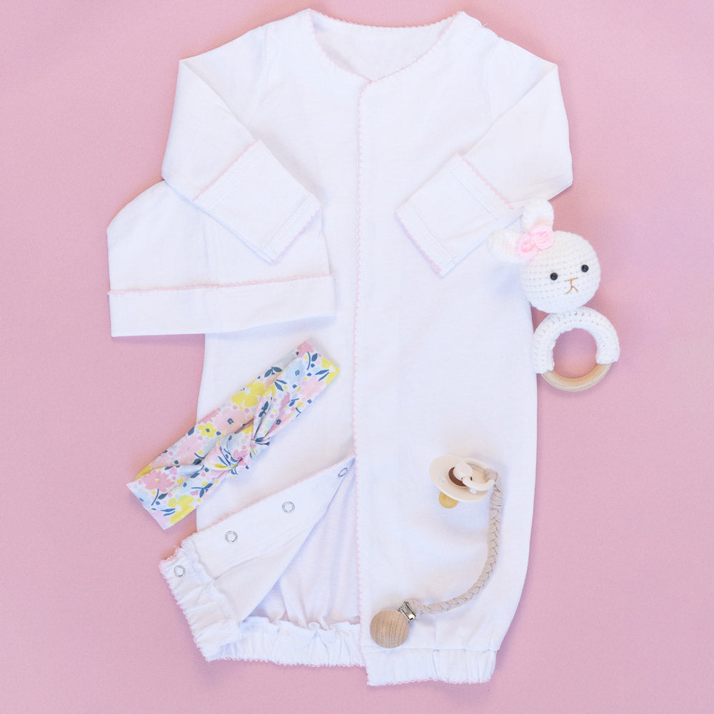 Newborn Gown and Hat Gift Set - White with Blue or Pink Picot Trim