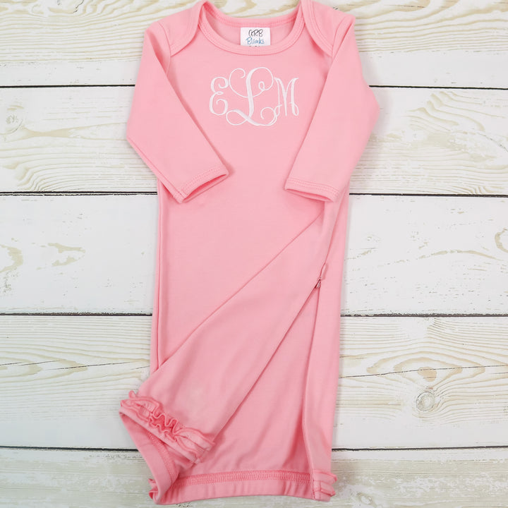 Monogrammed Knit Baby Gown with Hidden Zipper and Hat Gift Set - 7 Colors