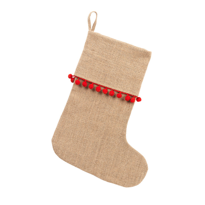 Burlap Personalized Christmas Stocking With Red Pom Poms