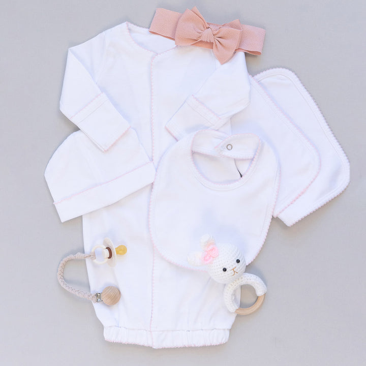 Newborn Gown and Hat Gift Set - White with Blue or Pink Picot Trim