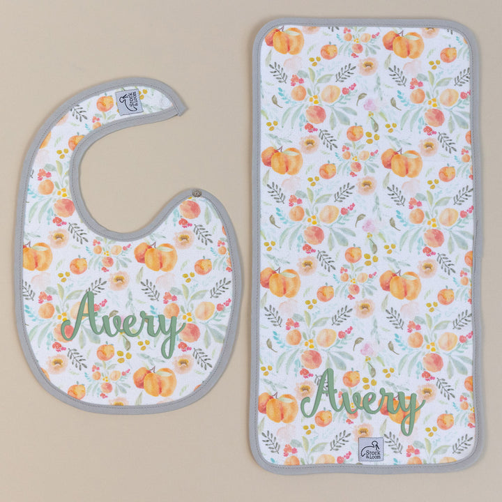Personalized Bib and Burp Cloth Set - Peachy - Baby Girl Shower Gift