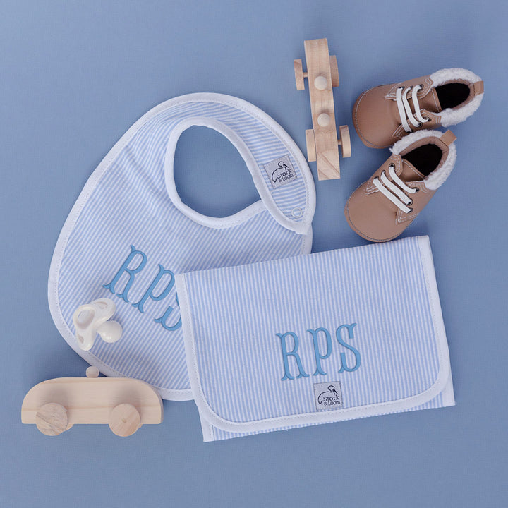 Monogrammed Seersucker Bib and Burp Cloth Set - Light Blue - Baby Boy Shower Gift