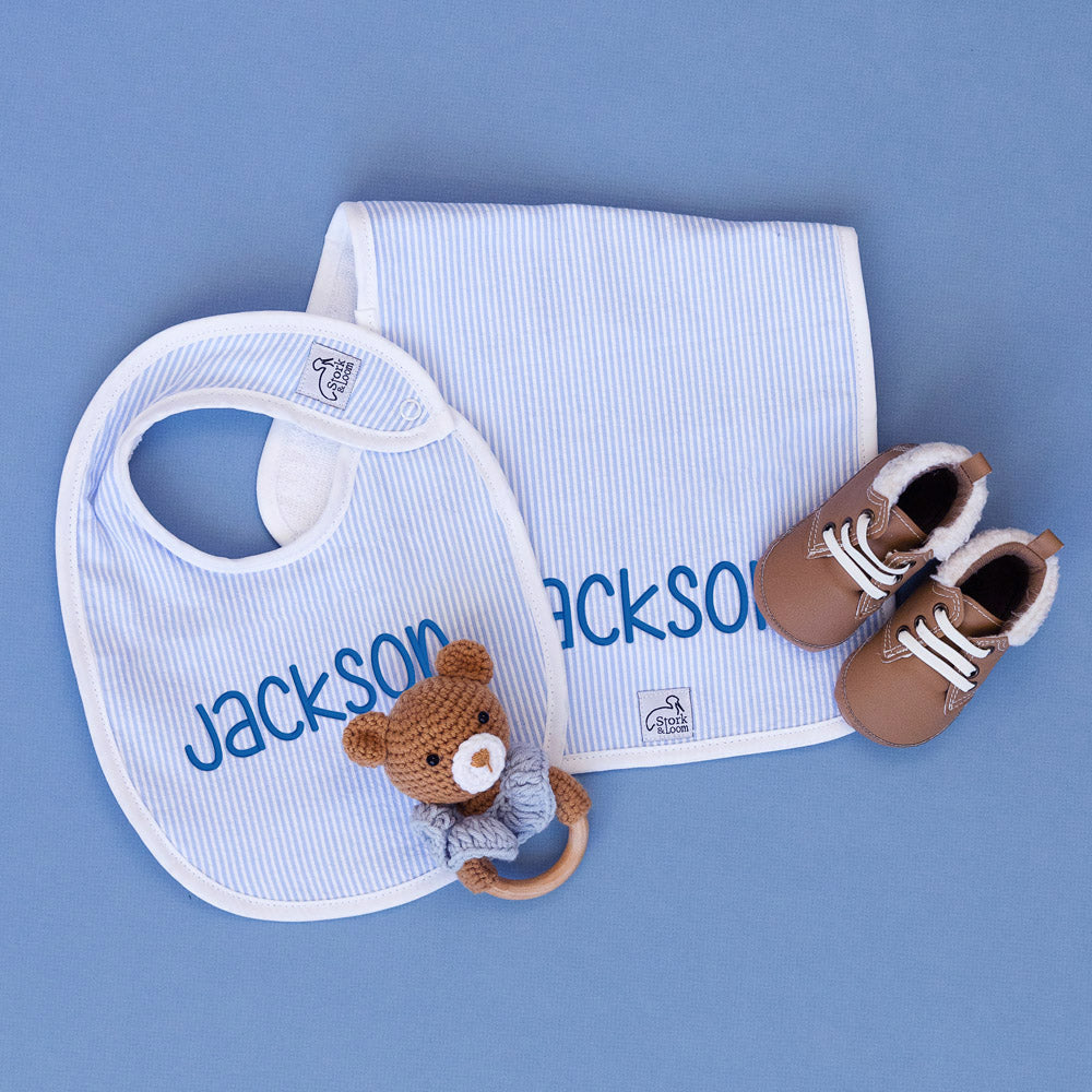 Monogrammed Seersucker Bib and Burp Cloth Set - Light Blue - Baby Boy Shower Gift