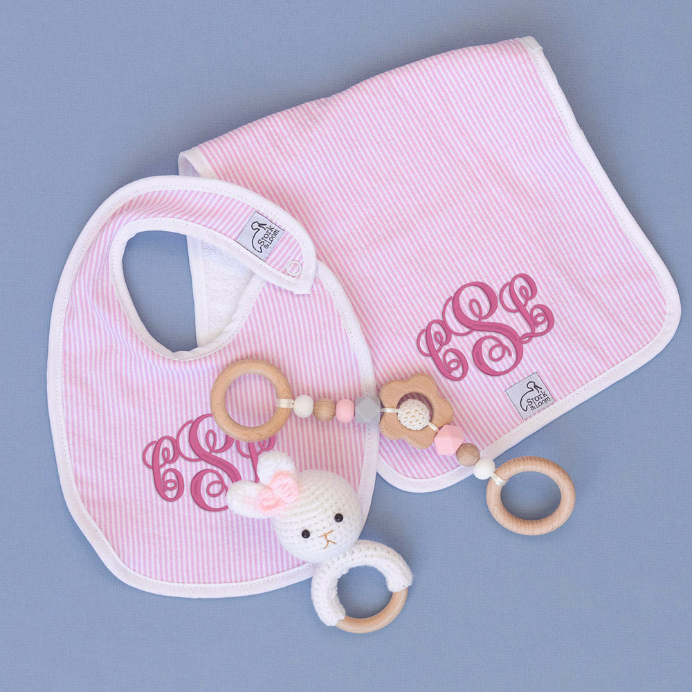 Monogrammed Seersucker Bib and Burp Cloth Set - Pink - Baby Girl Shower Gift